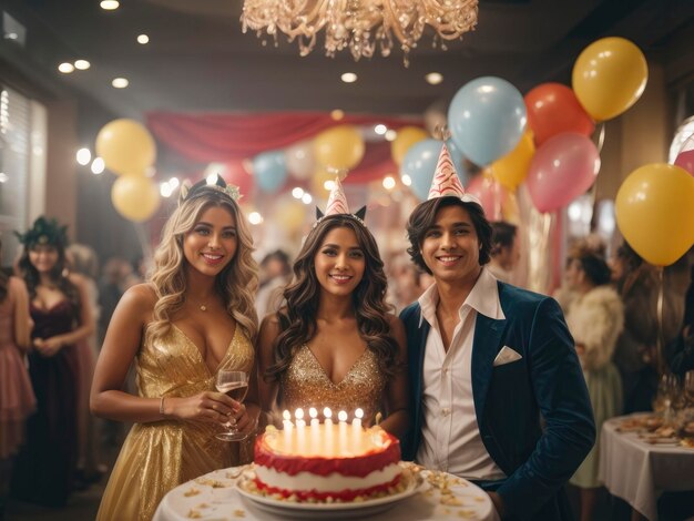 a group of people standing around a cake with candles on it and balloons in the background