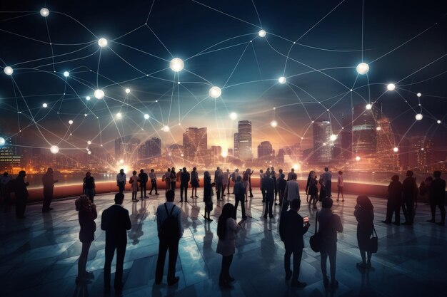 A group of people standing around a city at night