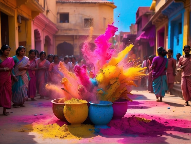 a group of people standing around a colorful object in a street with people