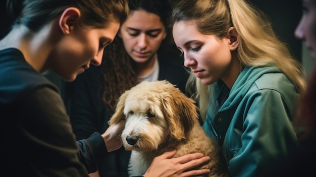 Photo a group of people standing around a dog an owner with ill pet in a vet clinics