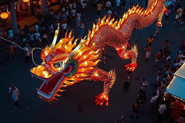 Photo a group of people standing around a dragon statue