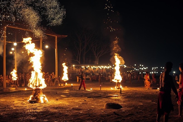 a group of people standing around a fire pit