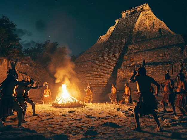 a group of people standing around a fire