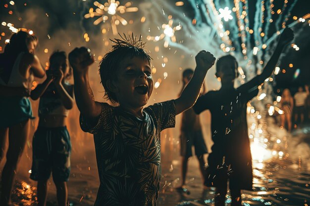 A group of people standing around a firework