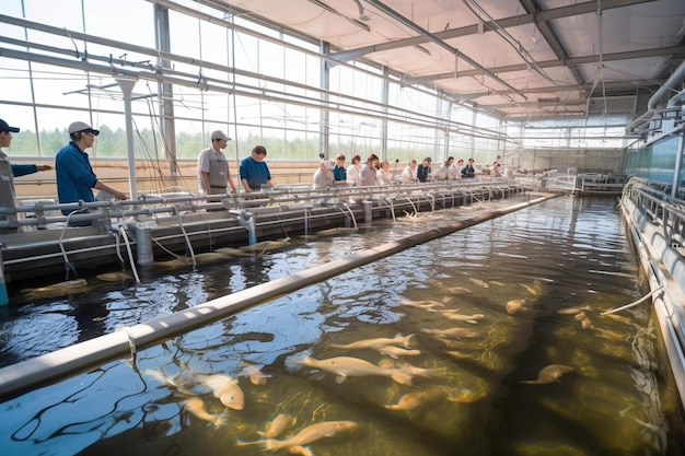 a group of people standing around a fish farm