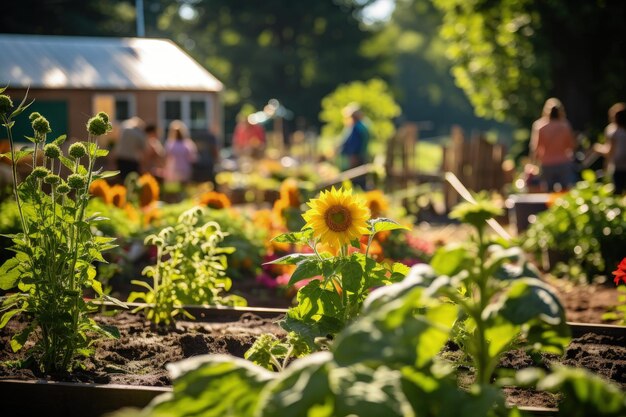 A group of people standing around a garden