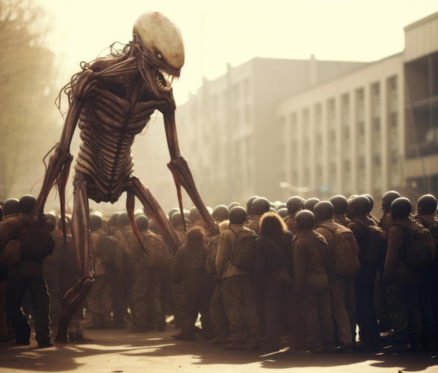 A group of people standing around a giant skeleton