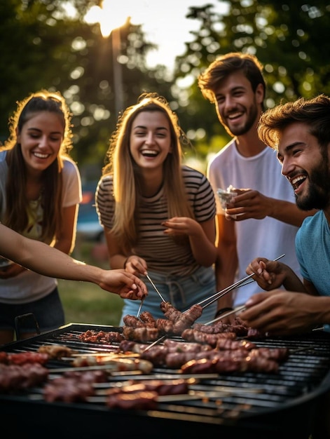 Photo a group of people standing around a grill