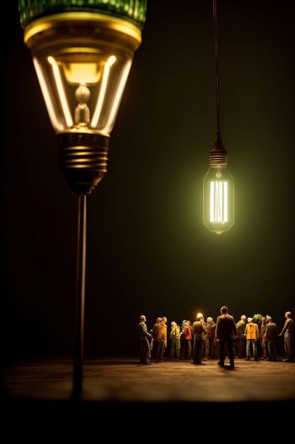 A Group Of People Standing Around A Light Bulb