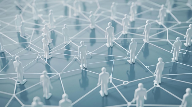 a group of people standing around a network of connected people