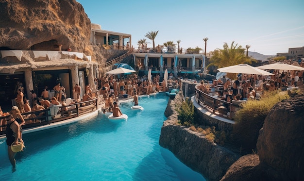 A group of people standing around a swimming pool