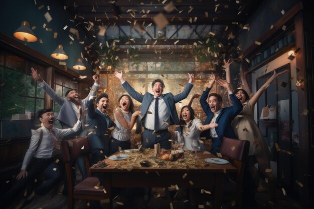 A group of people standing around a table with confetti in the air