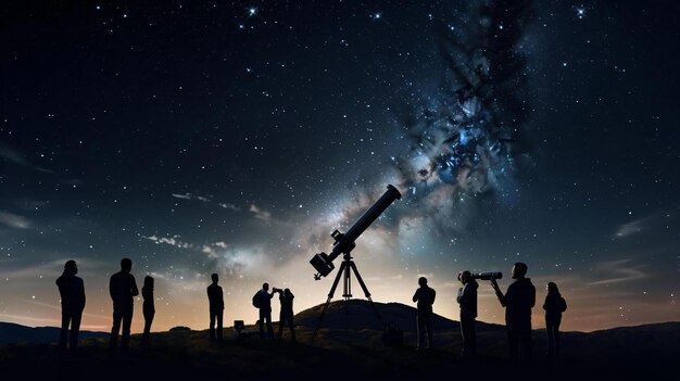 a group of people standing around a telescope with a star in the sky