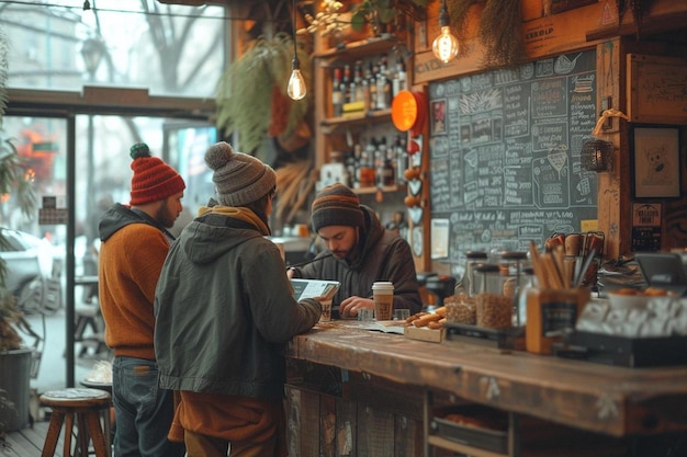 a group of people standing at a bar