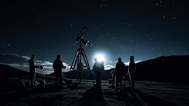 a group of people standing on a beach with a bright light in the sky