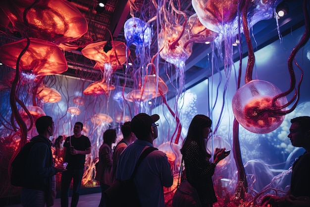 A group of people standing in front of a display of jellyfish