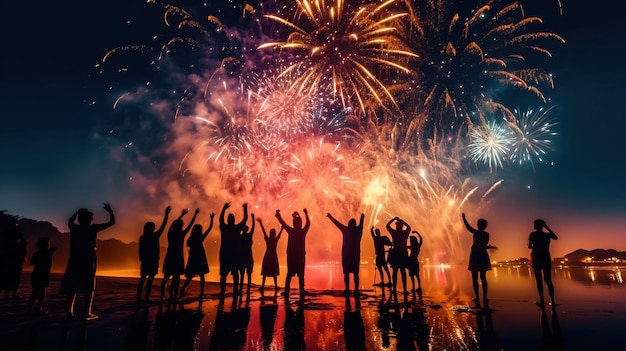 Photo a group of people standing in front of fireworks generative ai art