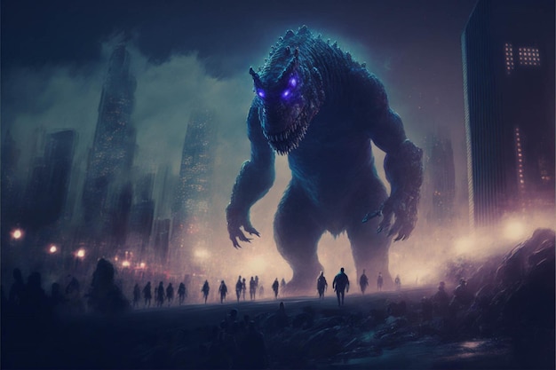 Группа людей, стоящих перед гигантским монстром, генерирующим искусственный интеллект
