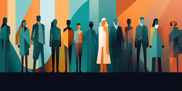 group of people standing front line illustration of portrait in the style of colorblocked shapes