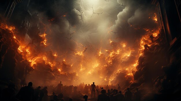 Group of People Standing in Front of a Massive Fire