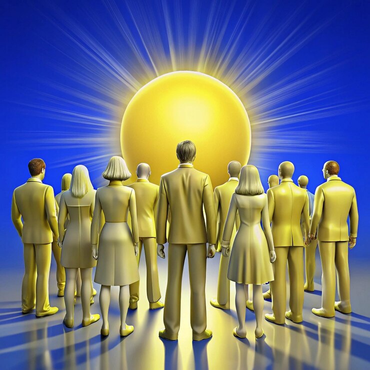 फोटो a group of people standing in front of a sun with the sun behind them