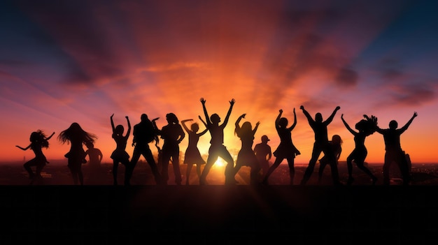 A group of people standing in front of a sunset