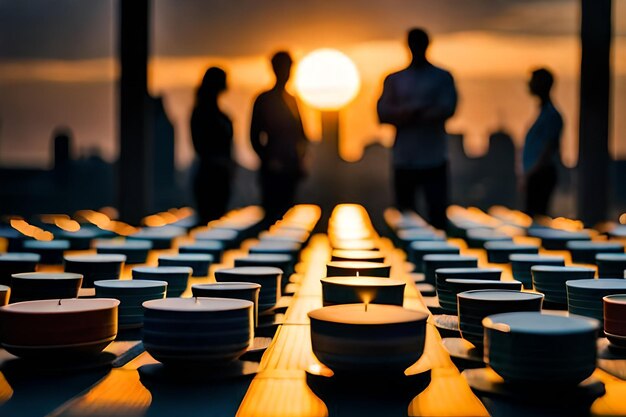 a group of people standing in front of a table with a candle in the middle.