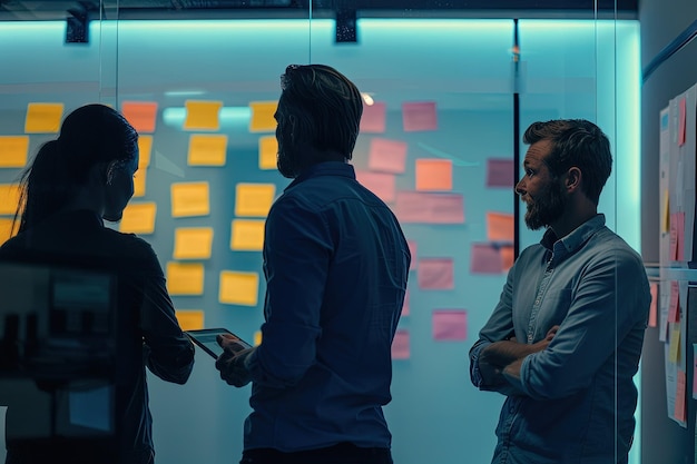 A group of people standing in front of a wall covered in sticky notes