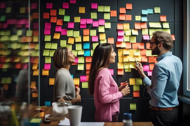 A group of people standing in front of a wall of sticky notes.