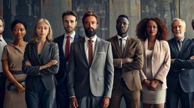 Photo a group of people standing in front of a wall with their arms crossed