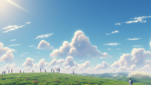 하늘에 구름이 있는 언덕 위에 서 있는 한 무리의 사람들.