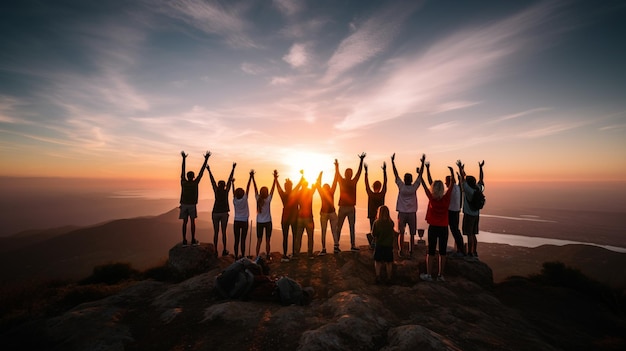 Photo group of people standing on a hilltop ai generative