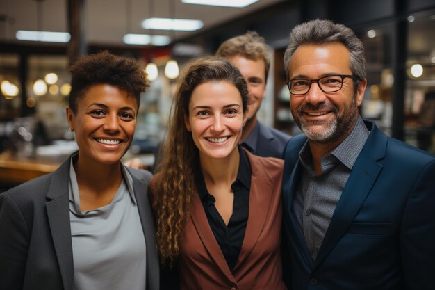 A group of people standing in a line with one of them wearing glasses and one of them has a smile.