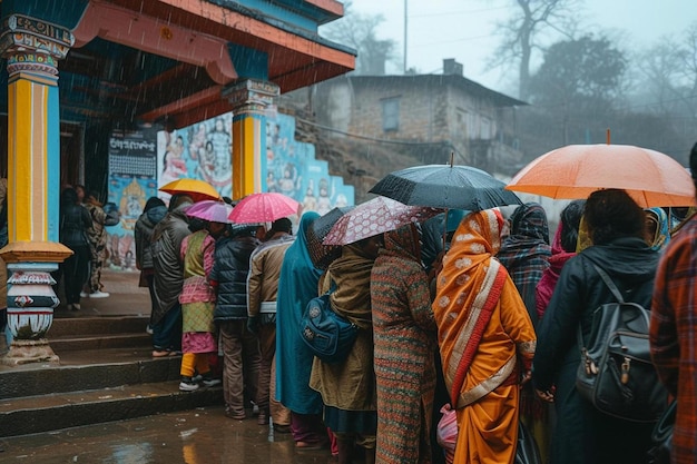 группа людей, стоящих под дождем с зонтиками