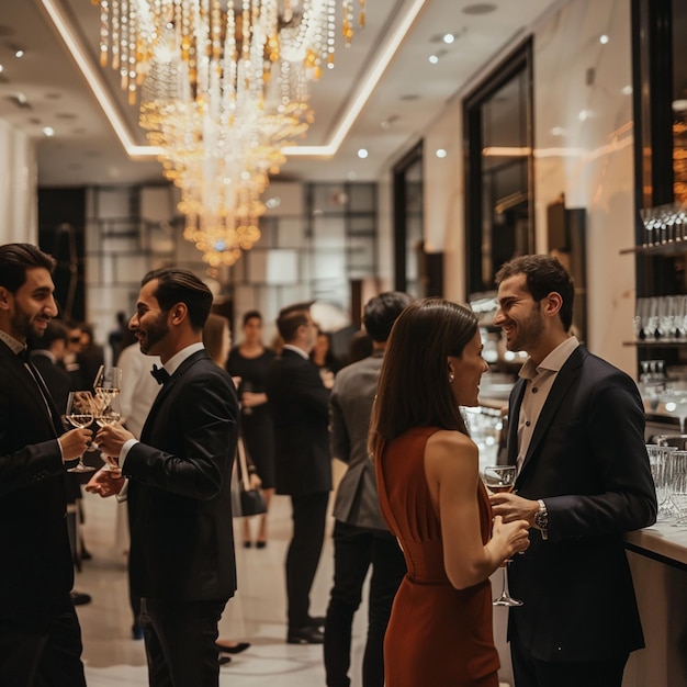 Photo a group of people standing in a room with a chandelier hanging from the ceiling