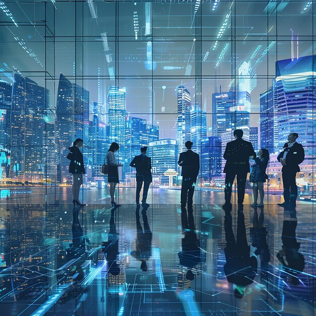 Photo a group of people standing in a room with a cityscape in the background