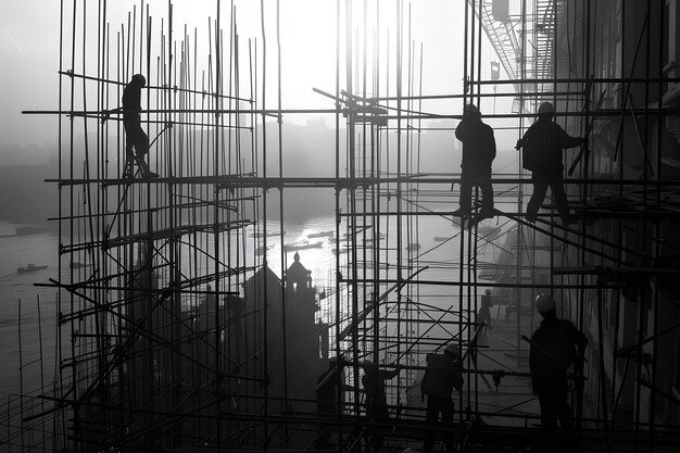 A group of people standing on scaffolding next to a body of water in the foggy day a detailed matte