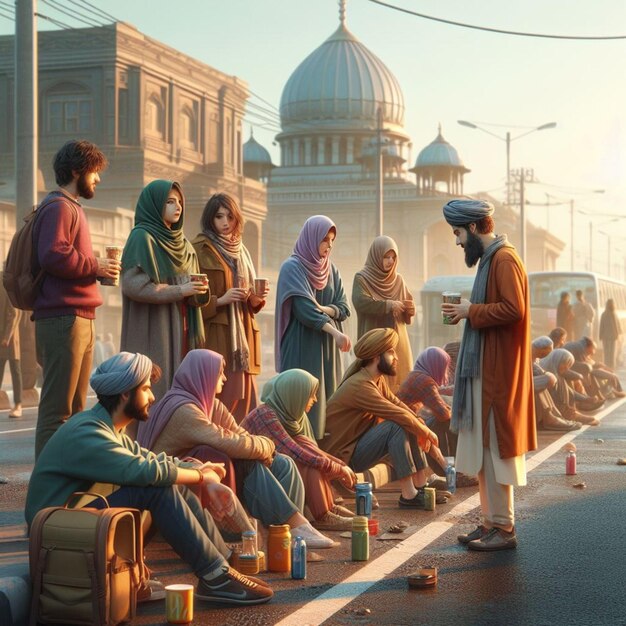 A group of people standing on the side of the road