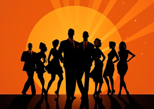 A group of people standing in silhouette against a background in the style of light orange and gold