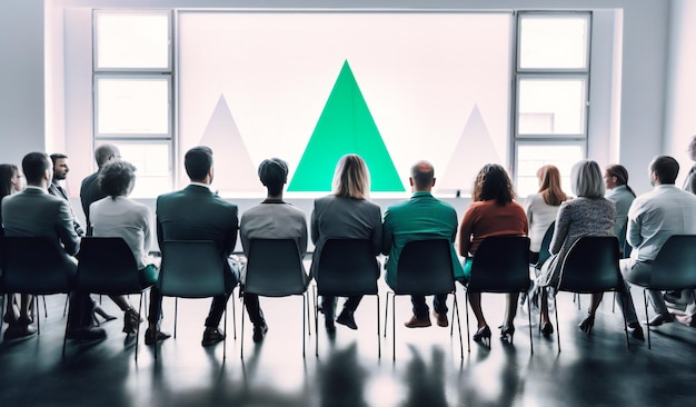 A group of people standing and sitting in front of a presentation