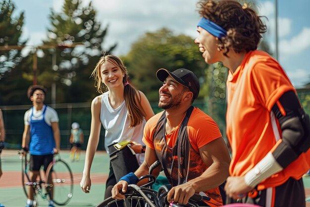 A group of people standing on a tennis court