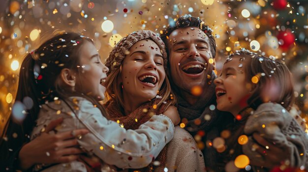 Photo group of people standing together in front of a christmas tree new year