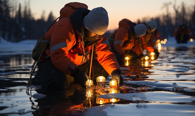 Group of People Standing on Top of Frozen Lake