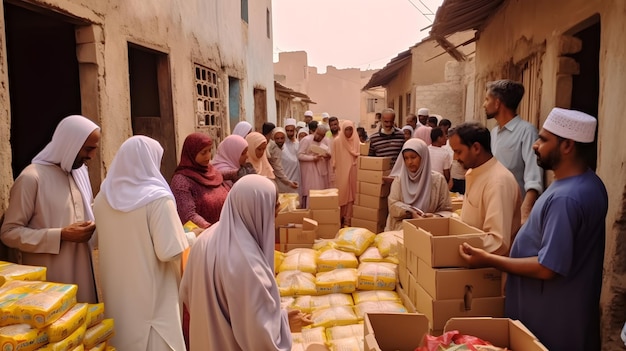 A group of people in a street with boxes