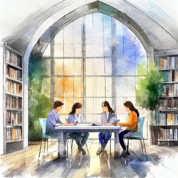 Group of people studying in a library