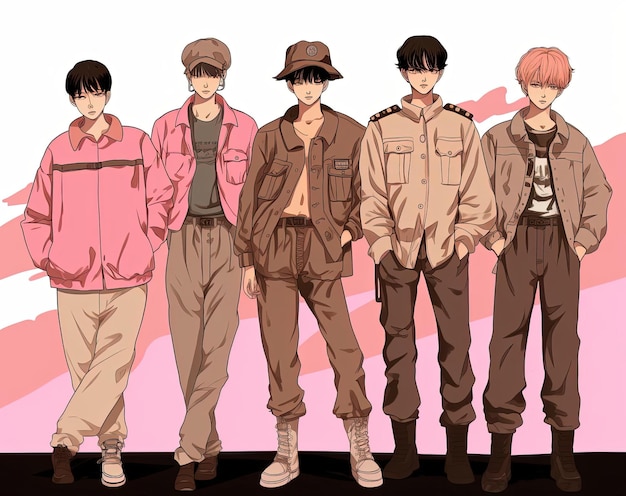 group of people in the style of a colored cartoon charming anime characters pink and brown