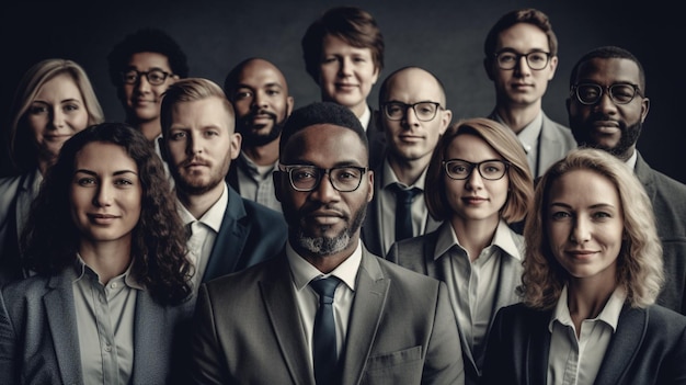 A group of people in suits stand in front of a dark background.