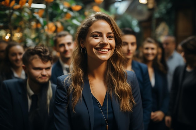 A group of people in suits stand in front of a wall of oranges.