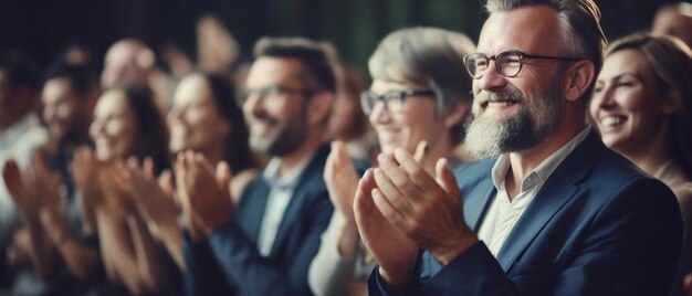 Foto un gruppo di persone in abiti e cravatte che applaudono davanti a un grande pubblico