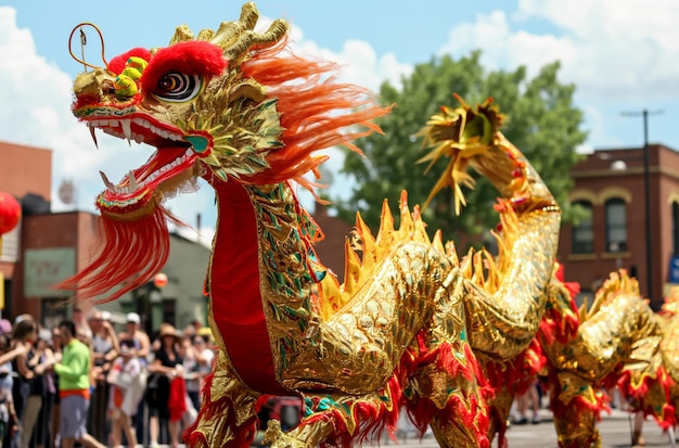 Group of people surrounding dragon float during parade